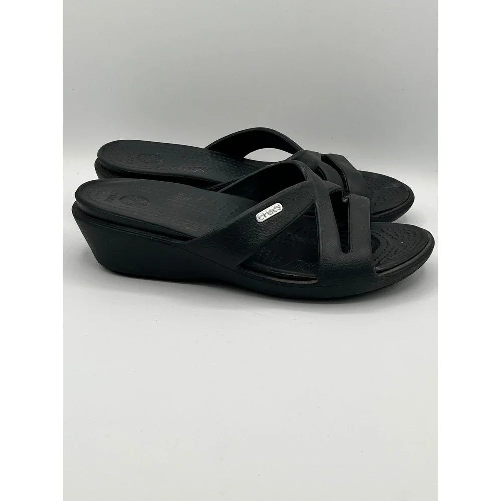 Crocs Meleen Black Strappy Wedge Sandals Women Size 6 Slip On Comfort Shoes